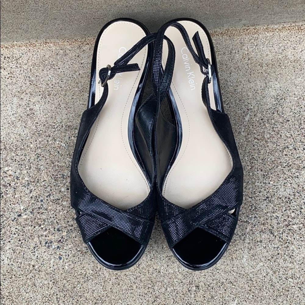 Calvin Klein Rosaria black patent wedge peep-toes